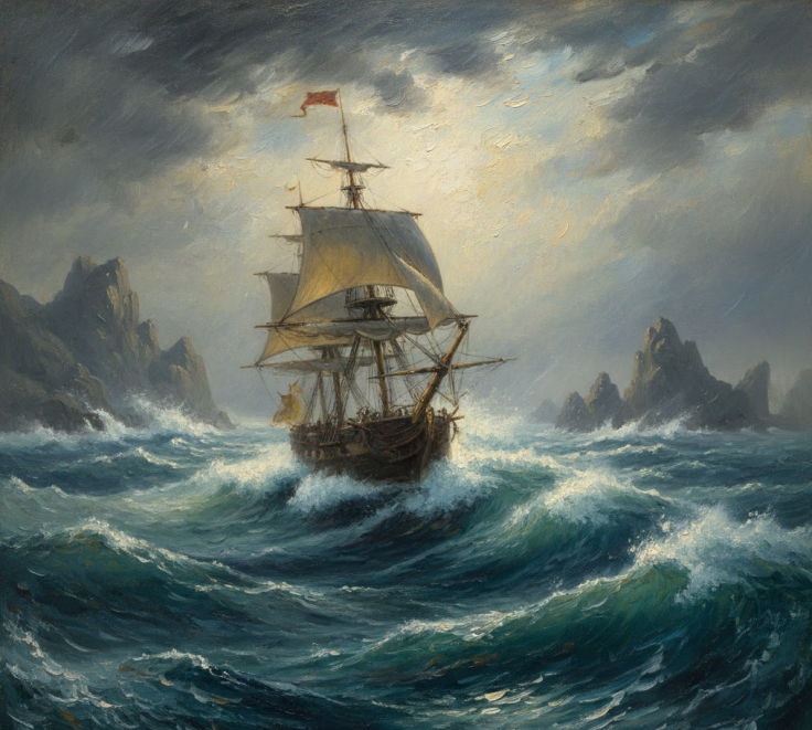 Fragata a vela luchando contra el mar