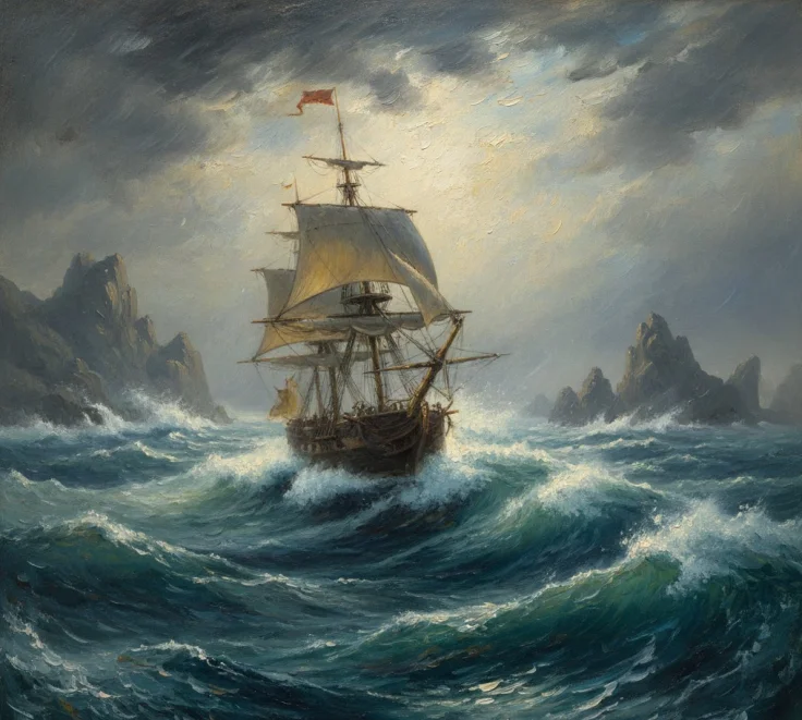 Fragata a vela luchando contra el mar