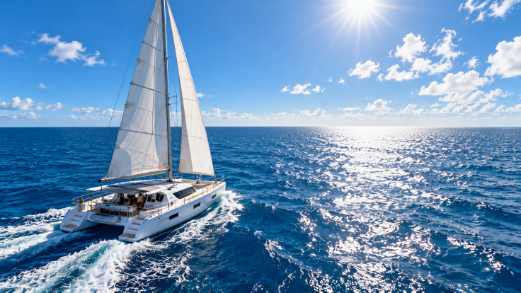 Catamarán navegando en aguas turquesas