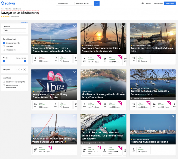 Viajes en velero por plazas en Baleares